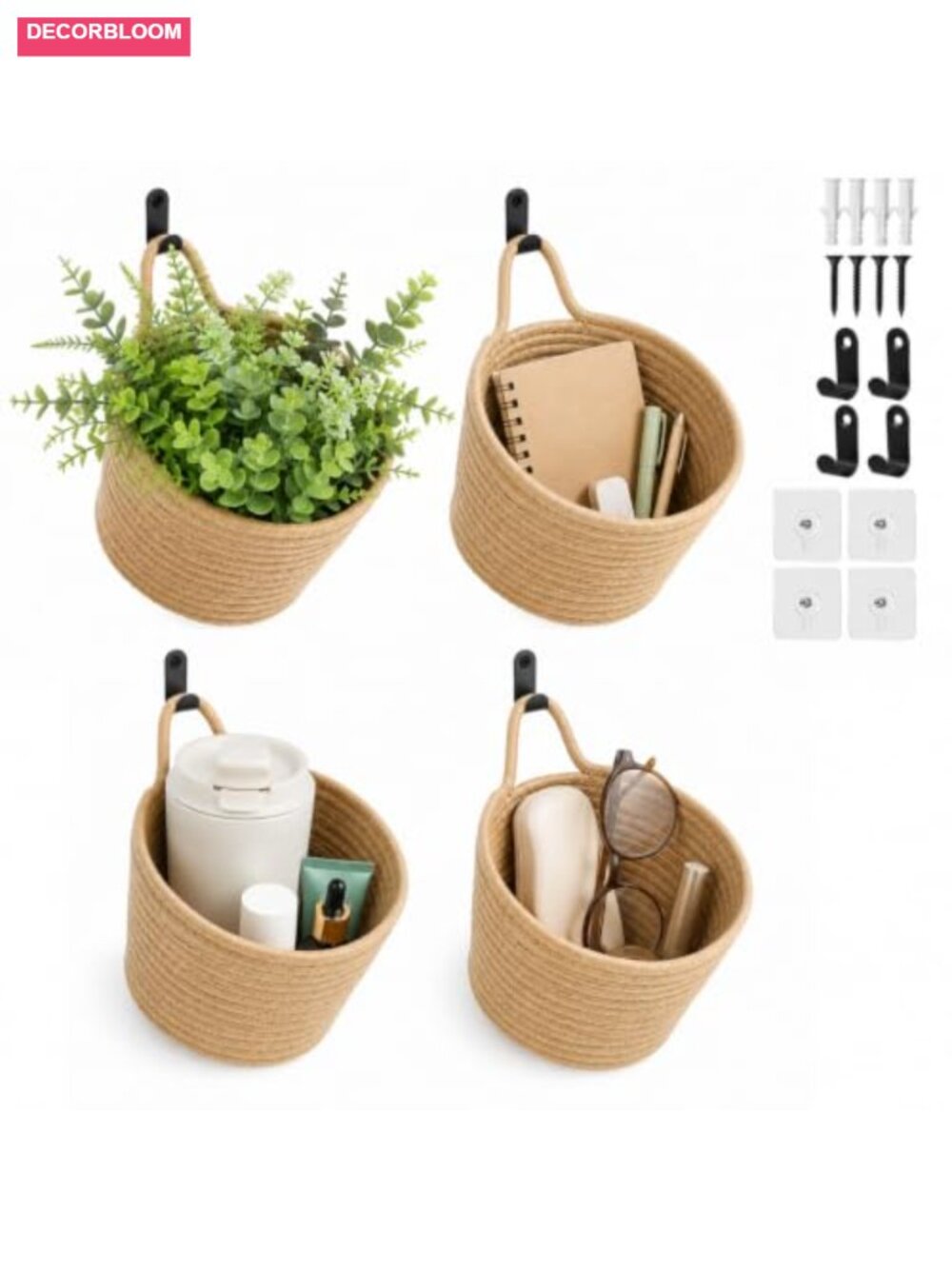 4 Pack Woven Cotton Rope Wall Hanging Baskets with Hooks Boho Storage Organizer